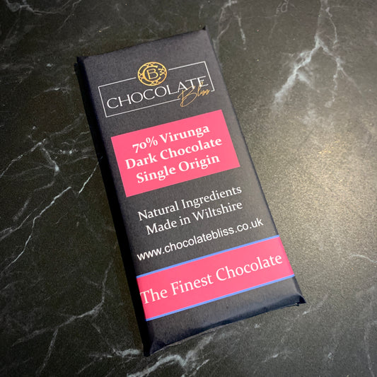 70% Virunga Dark Chocolate Tablet  tasting notes: Morello Cherries